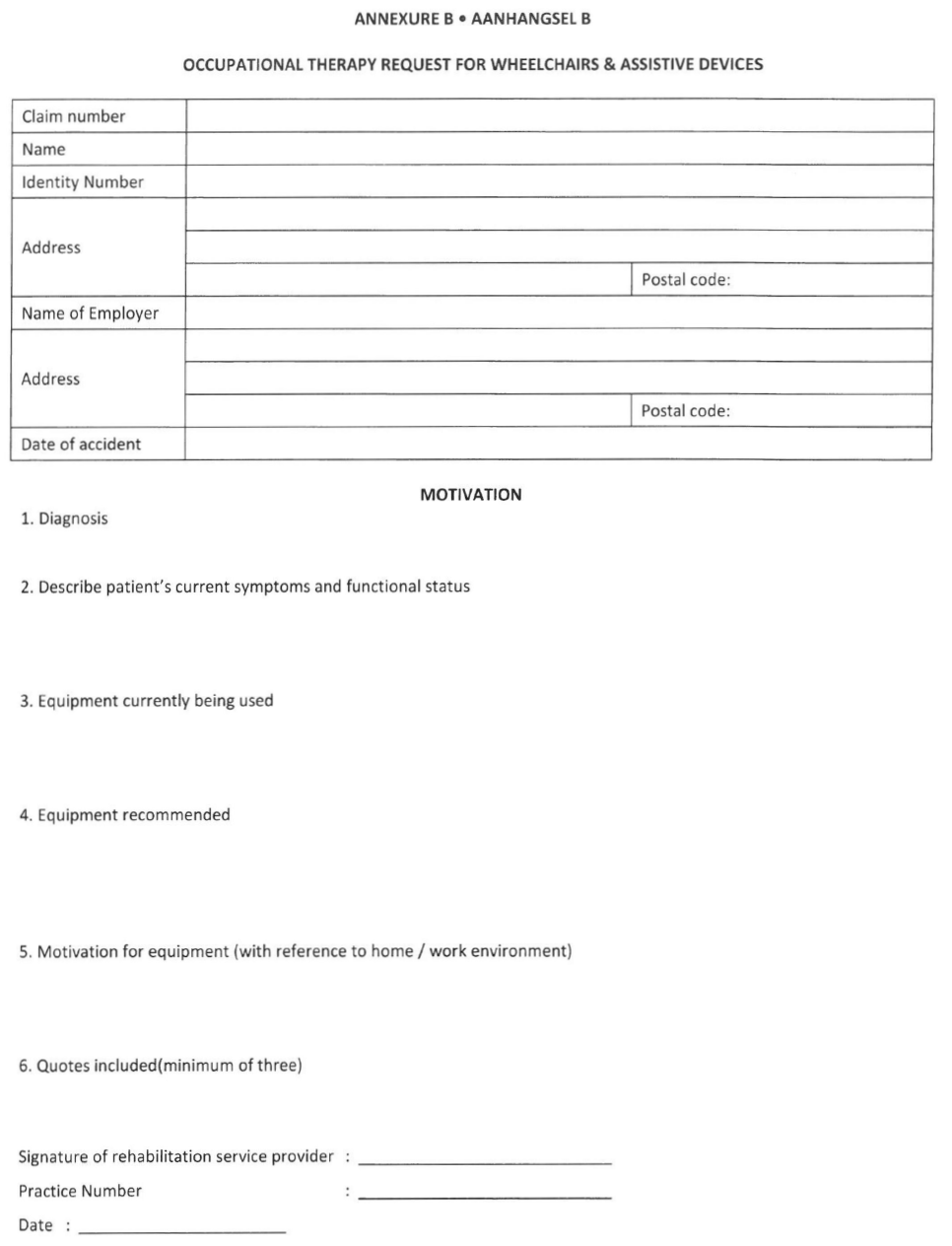 N189 Annexure B Occupational Therapy request for wheelchairs and assistive devices form