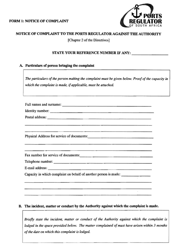 N826 Form 1 Notice of Complaint pg 1