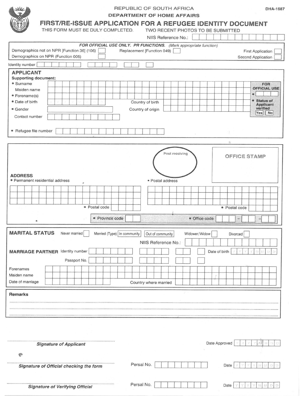 Form 11 Application for Refugee Identity Document DHA 1687