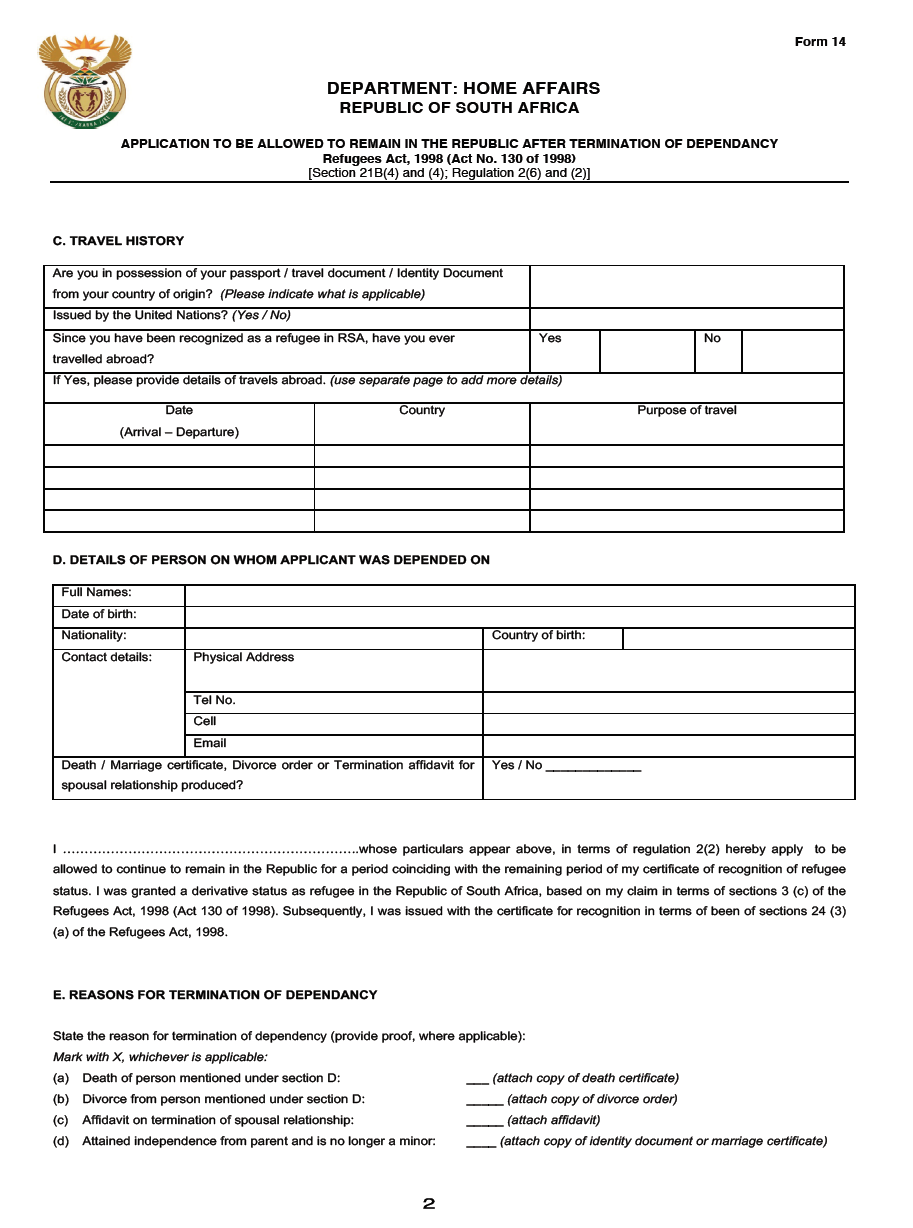 Form 14 Application to be allowed to remain in the Republic after termination of dependancy 2