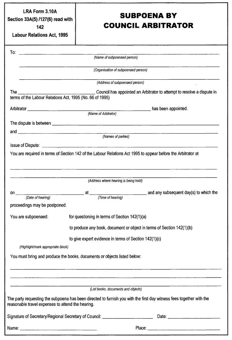 LRA Form 3.10A - Subpoena by Council Arbitrator